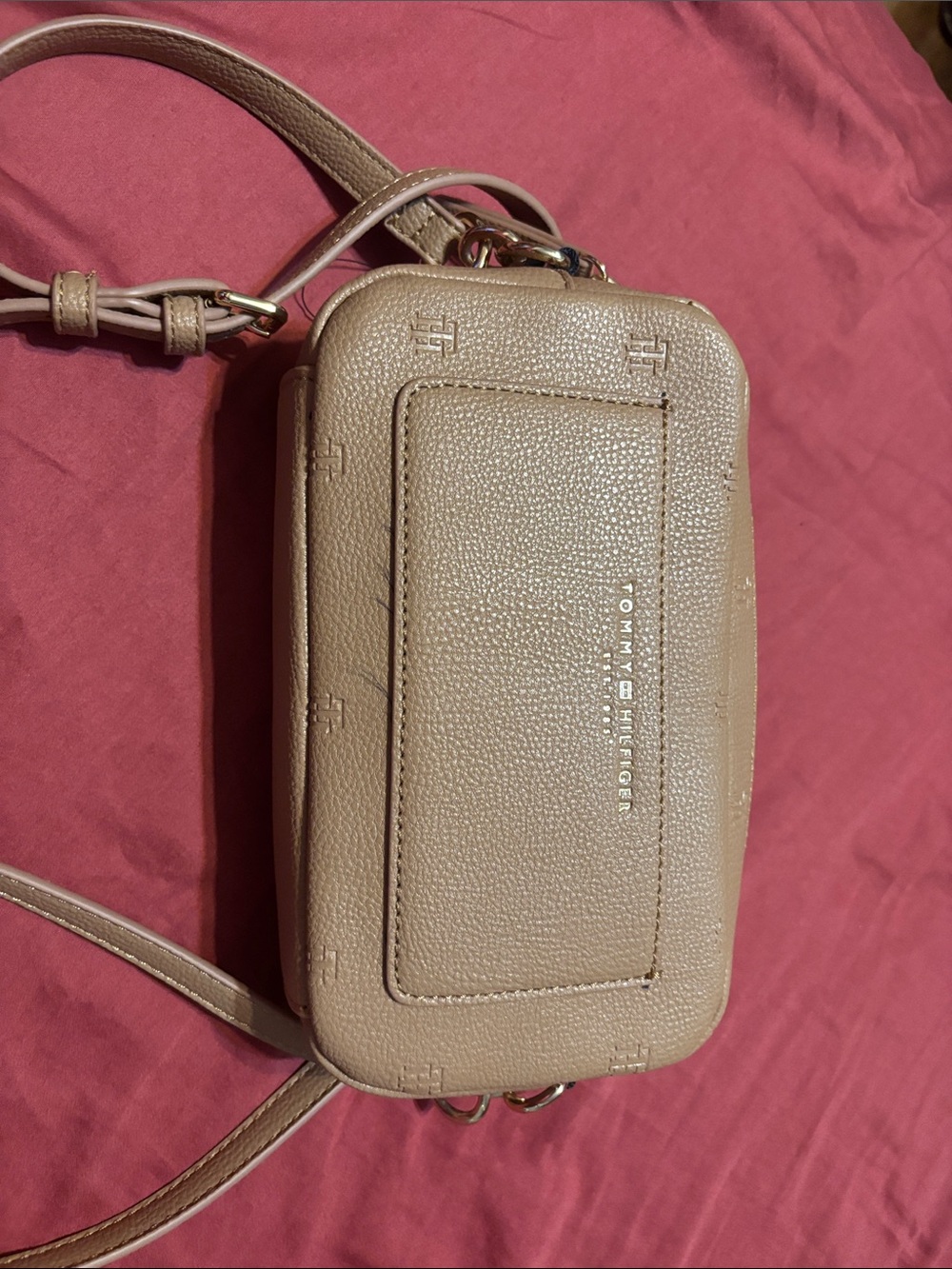 Tommy Hilfiger Beige Pebbled Leather Crossbody Phone Bag
